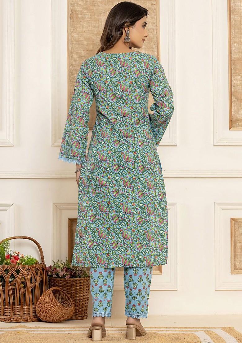 Blue Printed Cotton Kurta Set