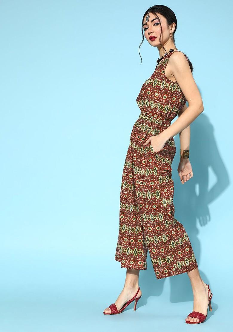 Maroon Printed Poly Blend Jumpsuit