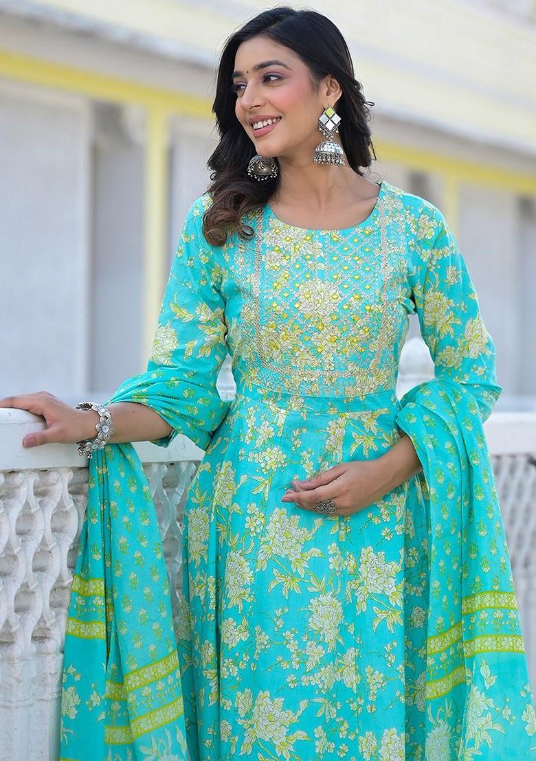 Green Printed Cotton Kurta Set