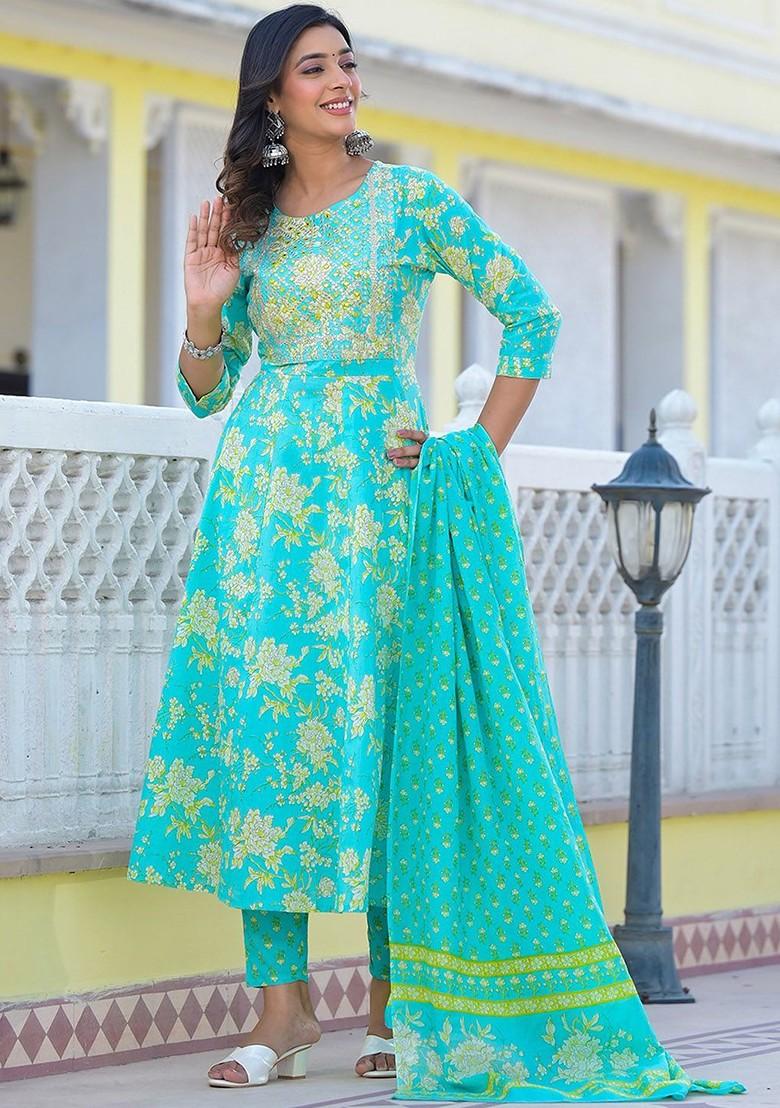 Green Printed Cotton Kurta Set