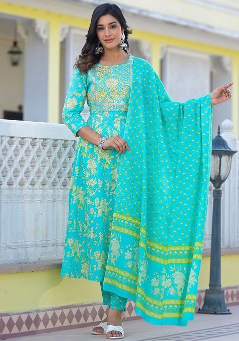 Green Printed Cotton Anarkali Set — view on Indya
