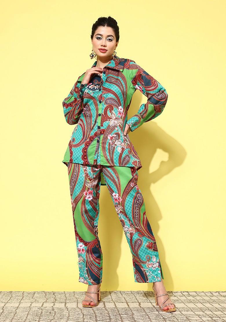 Green Printed Poly Blend Co-Ord Set