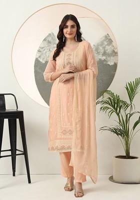 Peach Embroidered Poly Blend Kurta Set