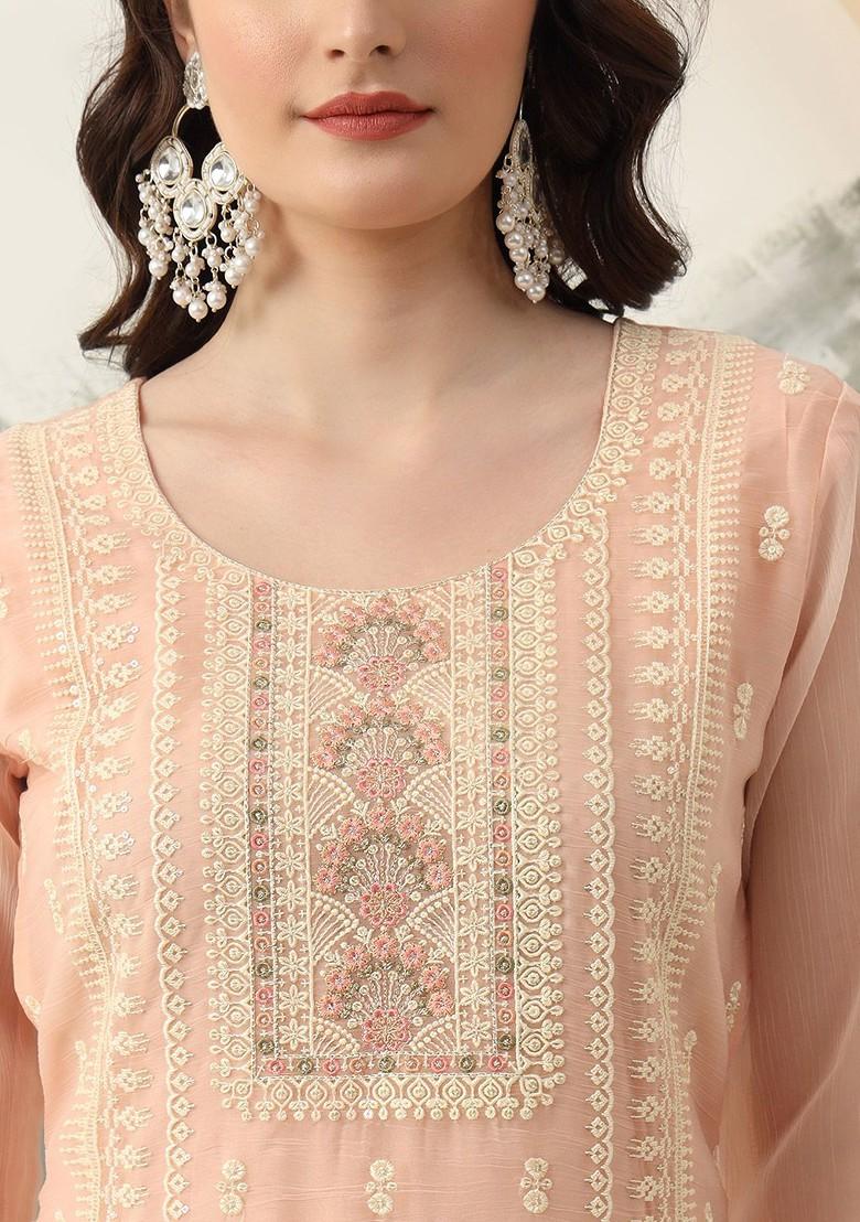 Peach Embroidered Poly Blend Kurta Set
