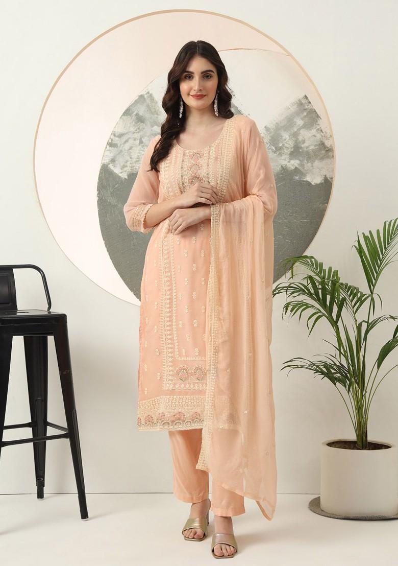 Peach Embroidered Poly Blend Kurta Set