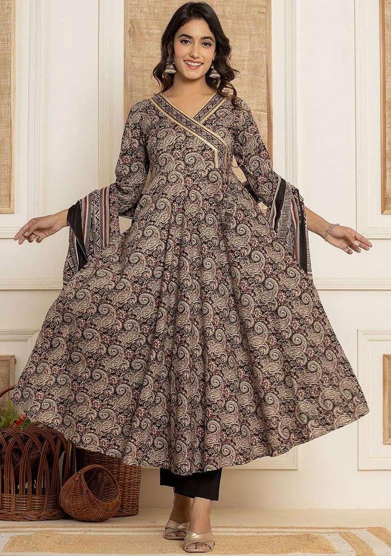 Black Printed Cotton Anarkali Set - Indya