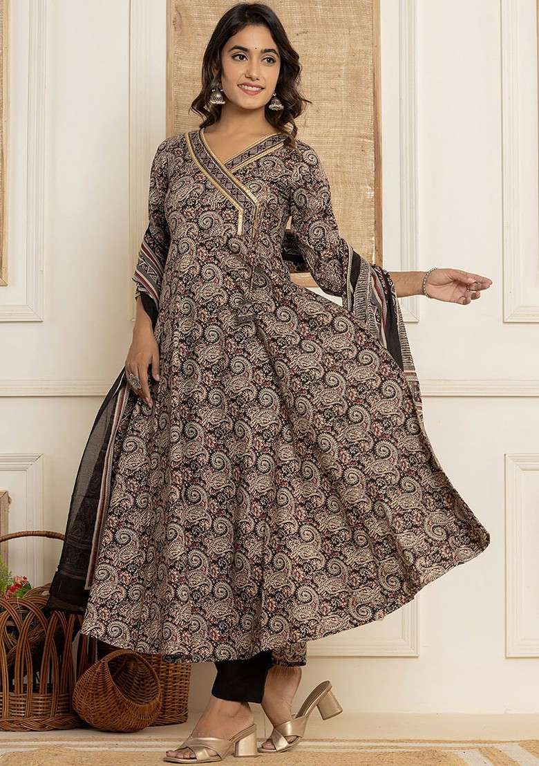 Black Printed Cotton Anarkali Set - Indya