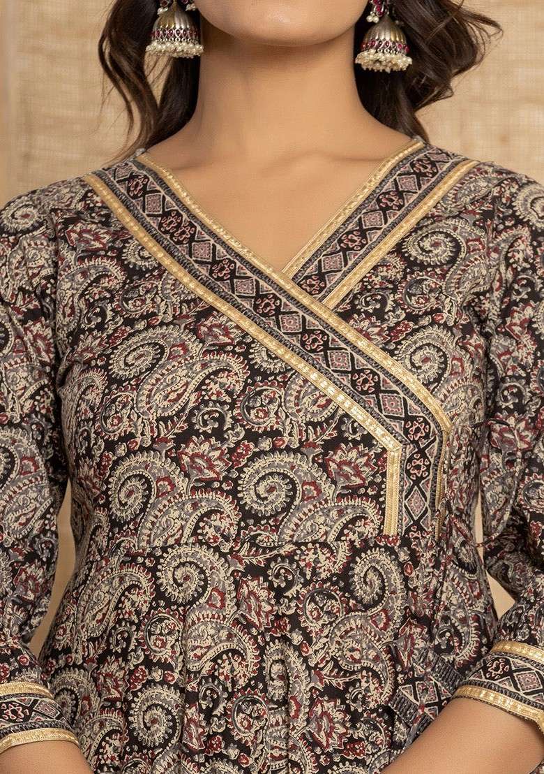 Black Printed Cotton Anarkali Set - Indya
