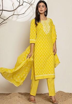 Yellow Printed Cotton Kurta Set