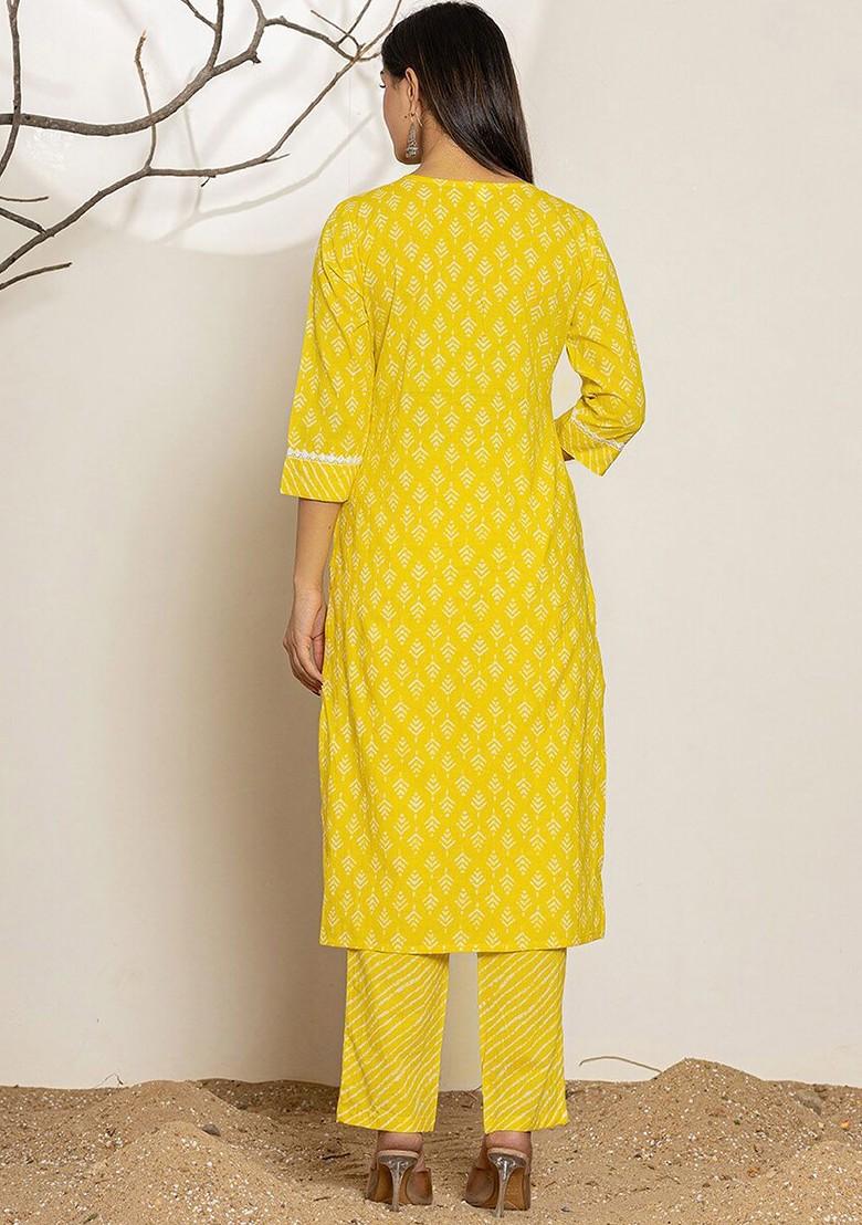 Yellow Printed Cotton Kurta Set