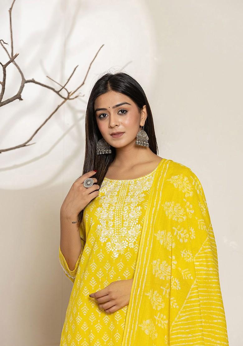 Yellow Printed Cotton Kurta Set