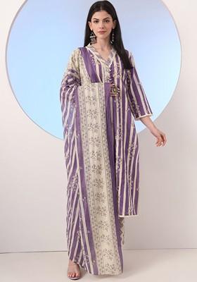 Purple Embroidered Cotton Kurta Set