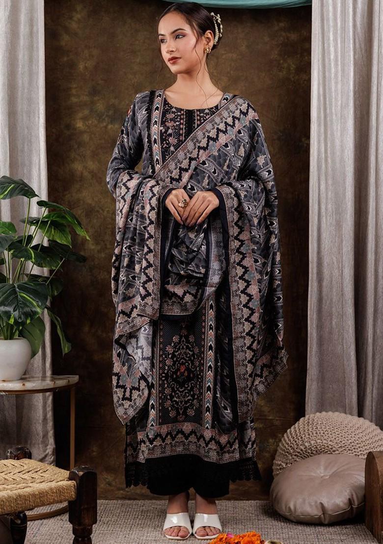 Black Printed Silk Kurta Set