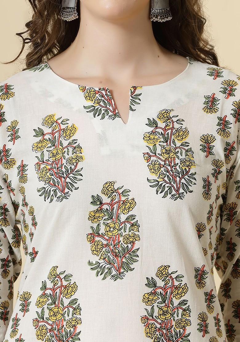 White Printed Cotton Kurta Set