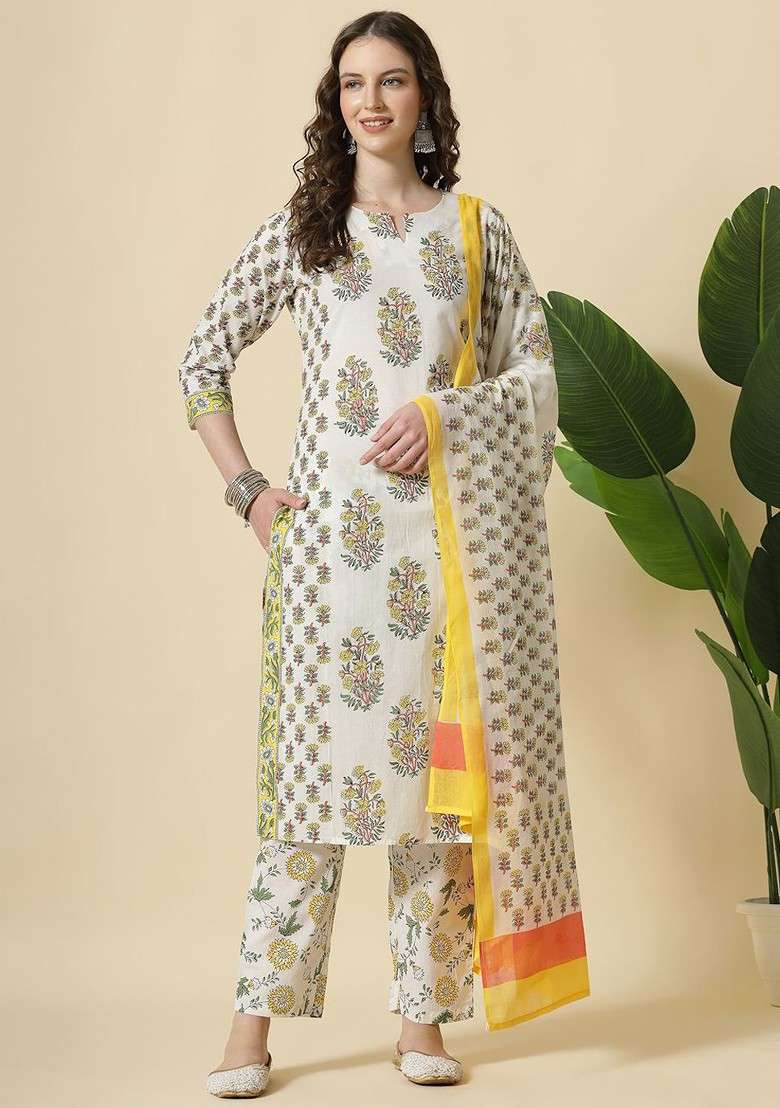 White Printed Cotton Straight Kurta Set - Indya
