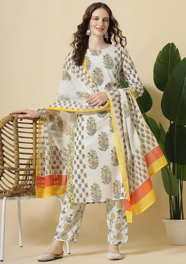 White Printed Cotton Kurta Set