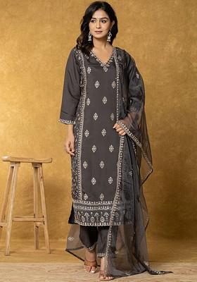 Grey Embroidered Poly Blend Kurta Set