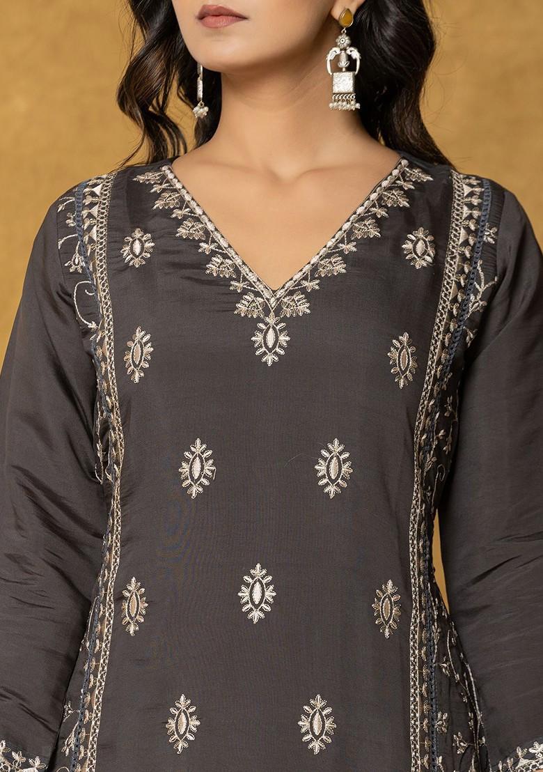 Grey Embroidered Poly Blend Kurta Set