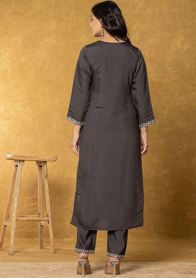 Grey Embroidered Poly Blend Kurta Set