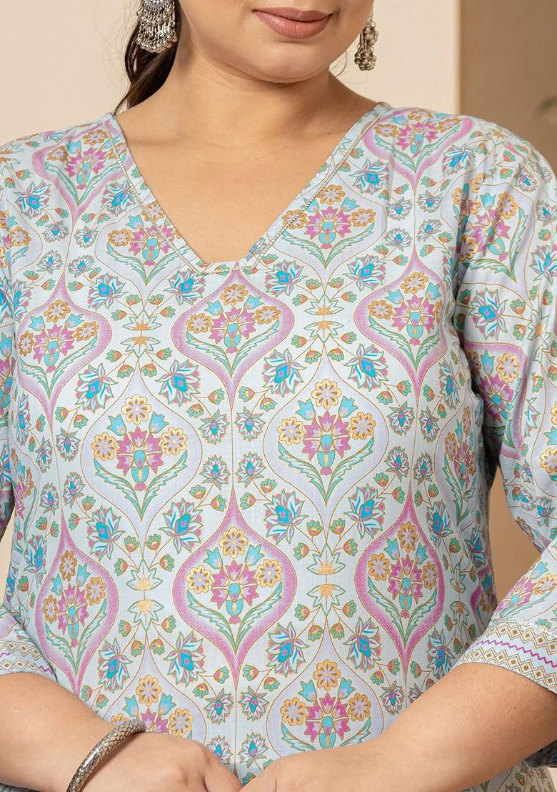 Blue Printed Cotton Kurta Set
