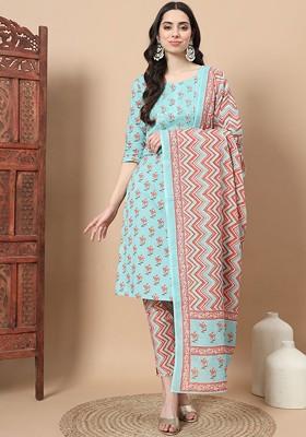 Blue Printed Cotton Kurta Set