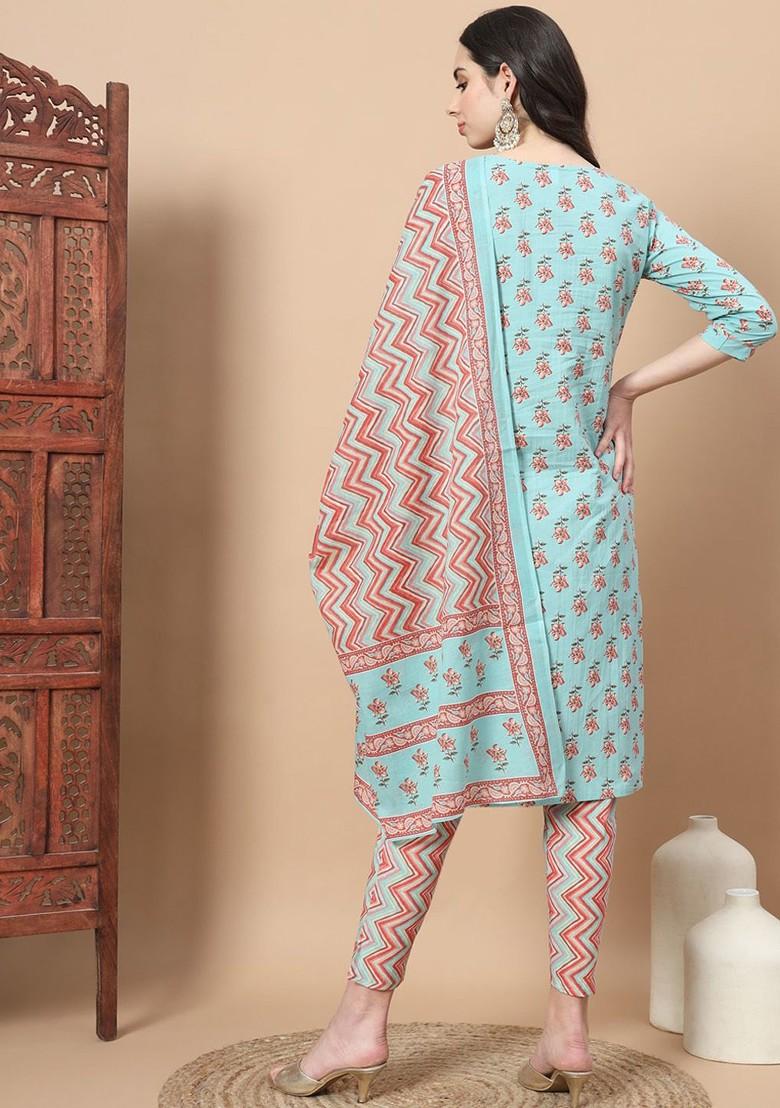 Blue Printed Cotton Kurta Set