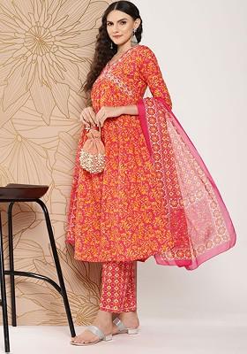 Orange Printed Cotton Kurta Set