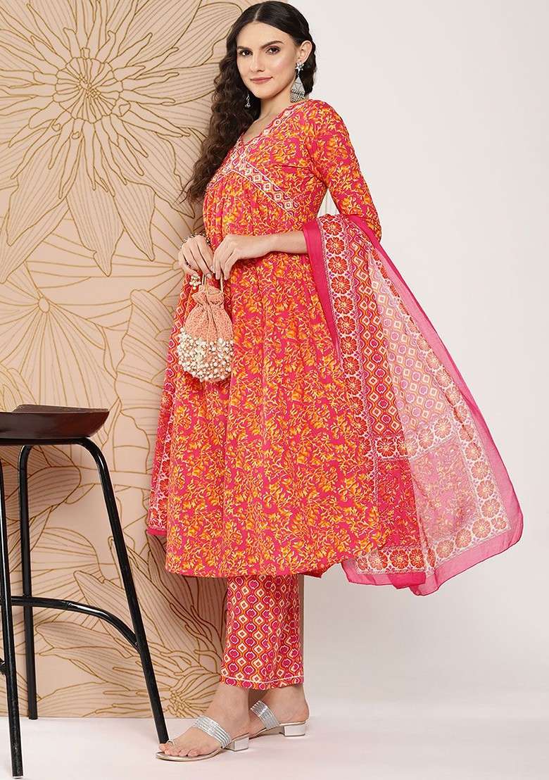 Orange Printed Cotton Kurta Set - Indya