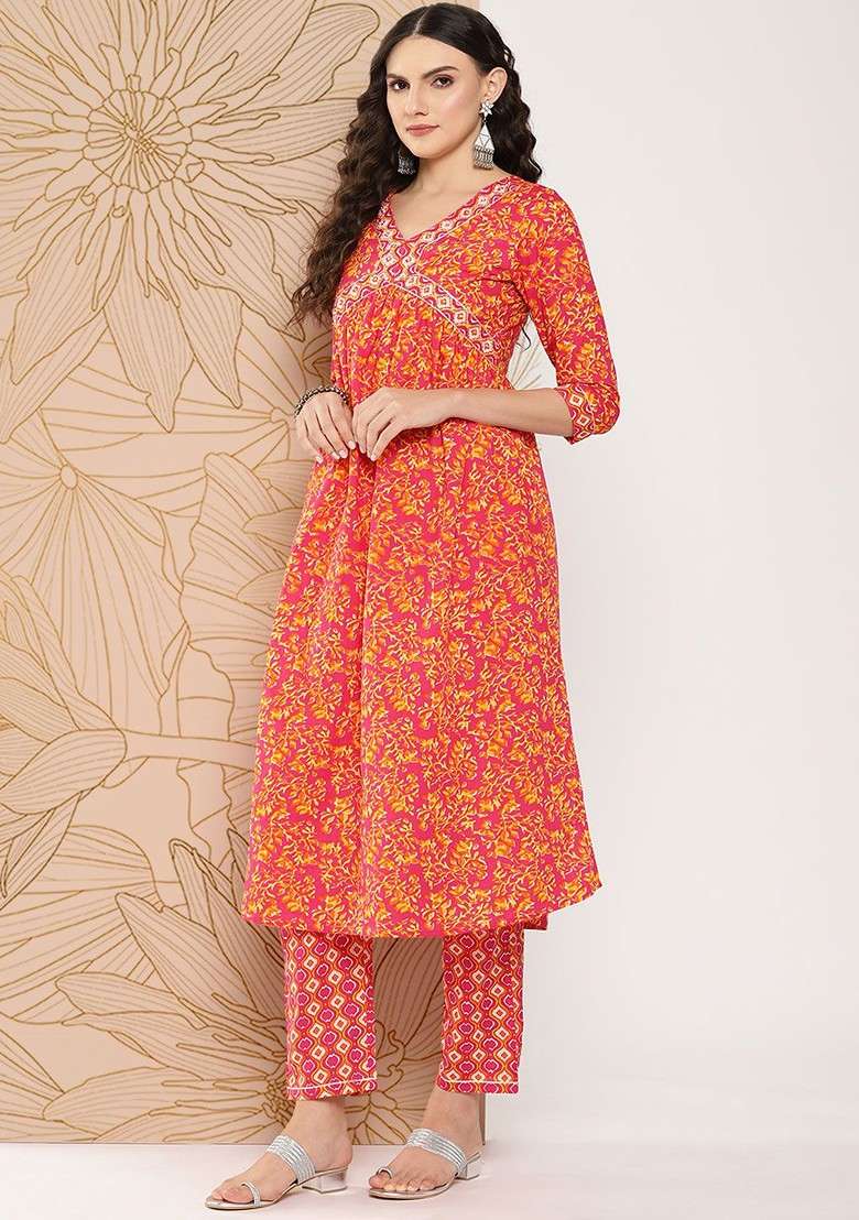 Orange Printed Cotton Kurta Set - Indya