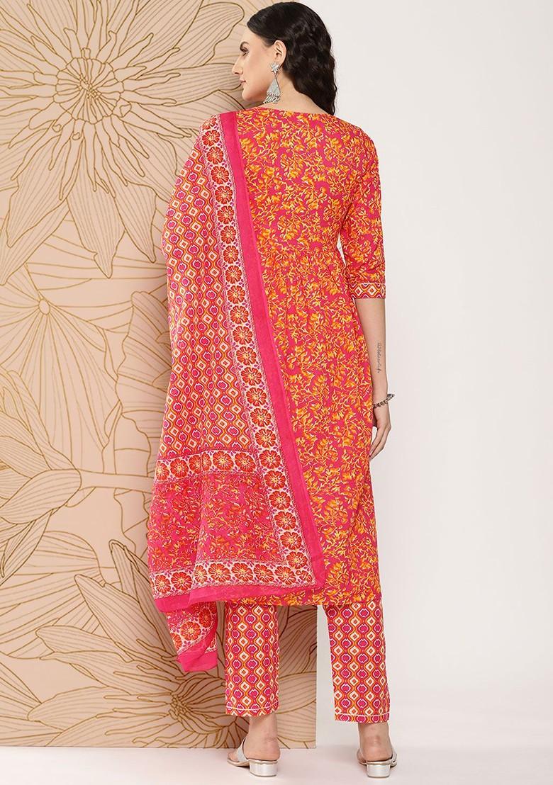 Orange Printed Cotton Kurta Set