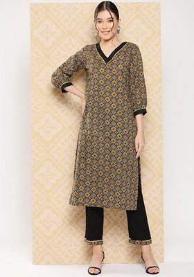 Brown Printed Cotton Kurta Set