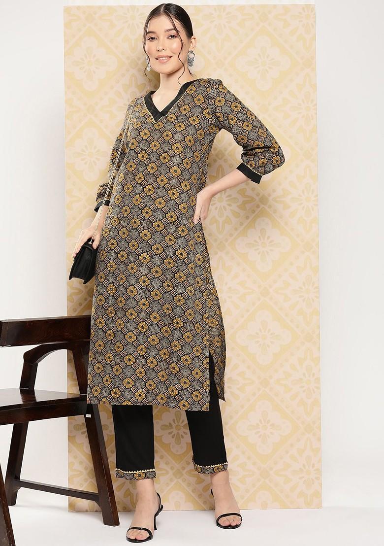 Brown Printed Cotton Kurta Set