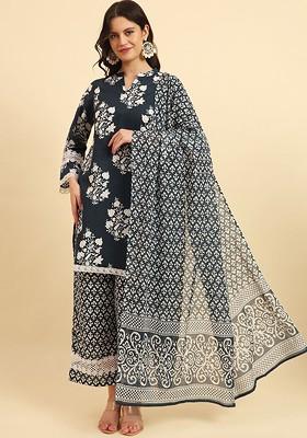 Blue Printed Cotton Kurta Set