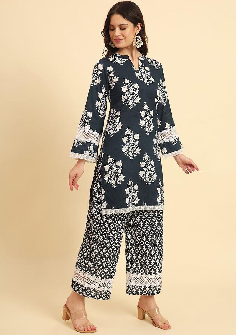 Blue Printed Cotton Kurta Set