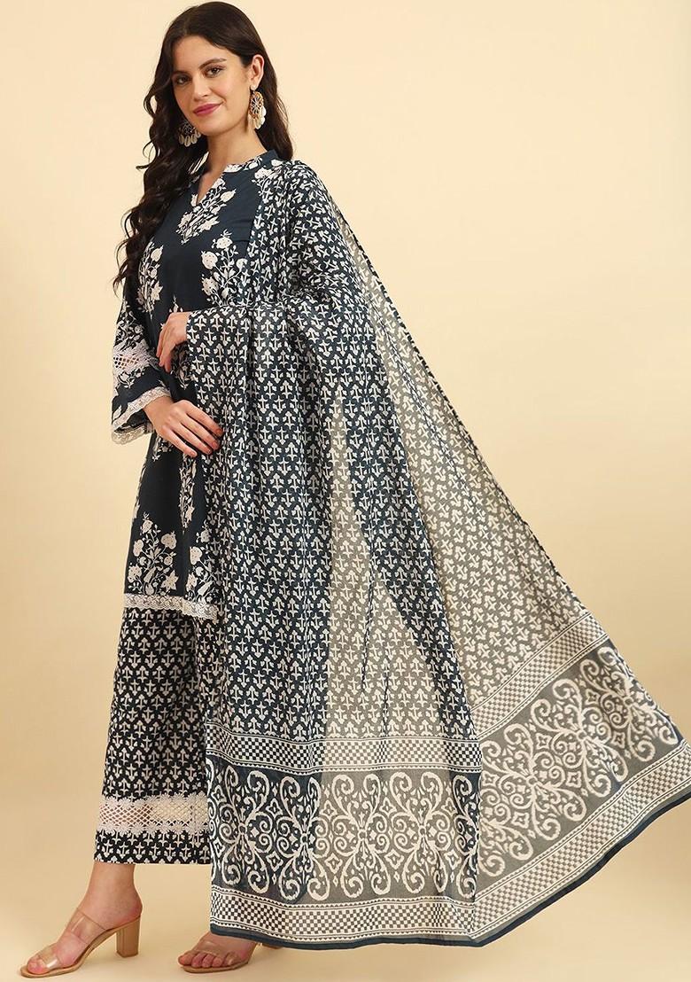 Blue Printed Cotton Kurta Set