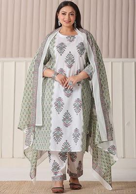 Green Printed Cotton Kurta Set