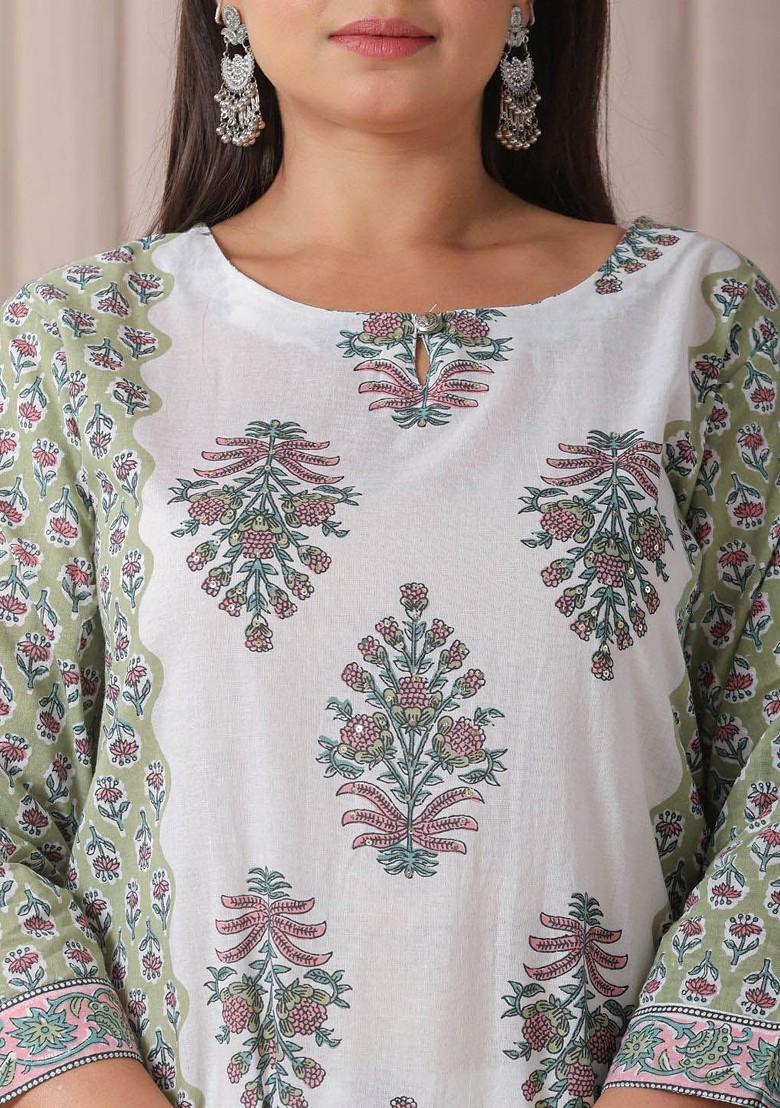 Green Printed Cotton Kurta Set