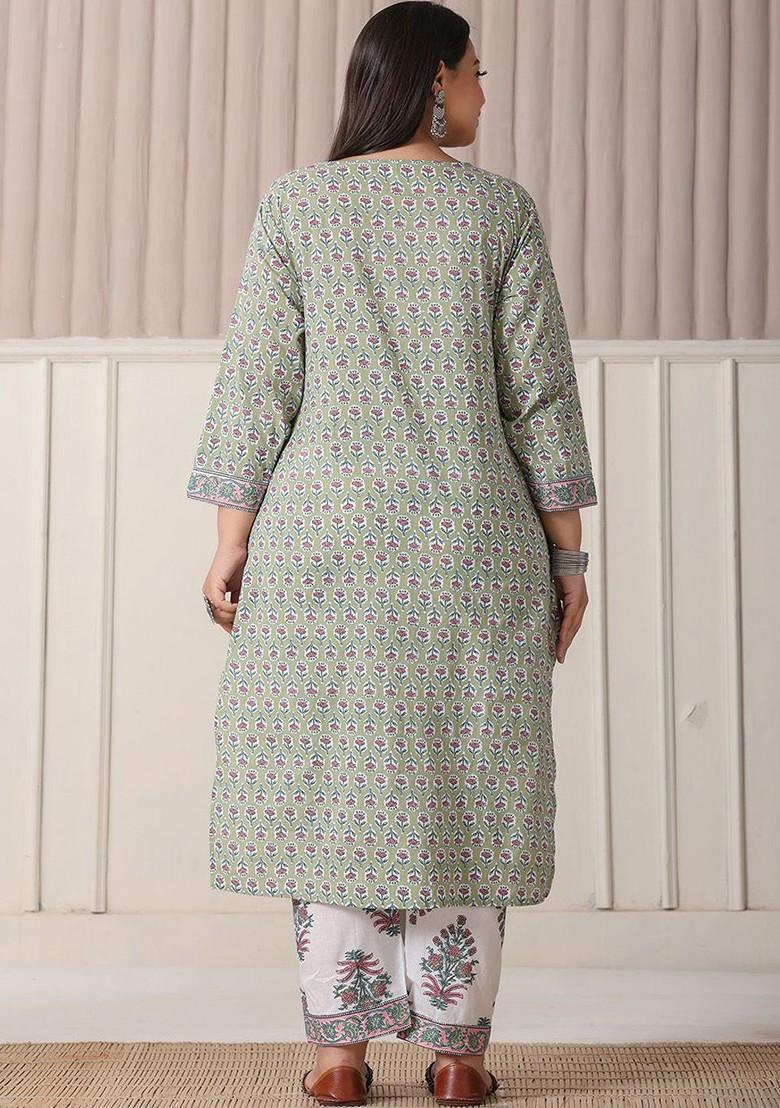 Green Printed Cotton Kurta Set