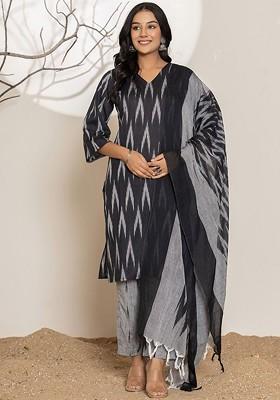 Black Printed Cotton Kurta Set
