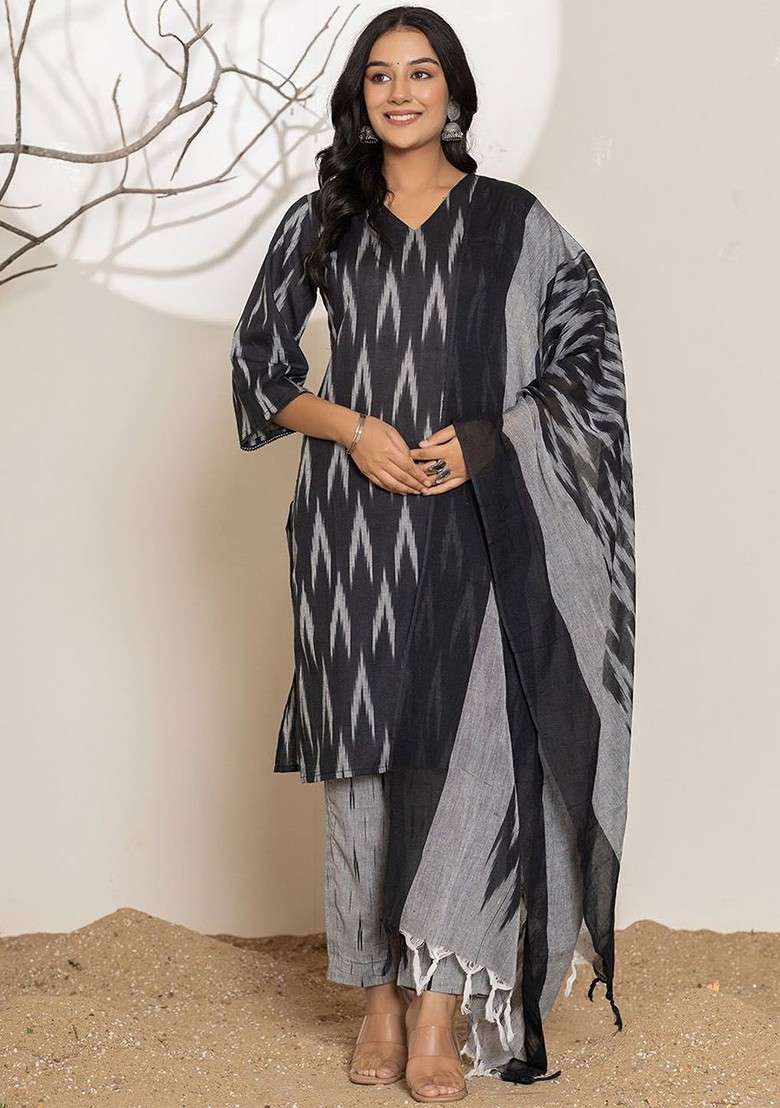 Black Printed Cotton Straight Kurta Set - Indya