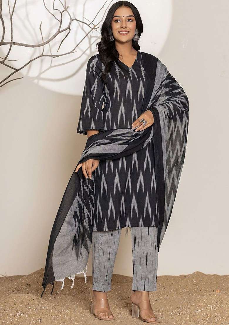 Black Printed Cotton Straight Kurta Set - Indya
