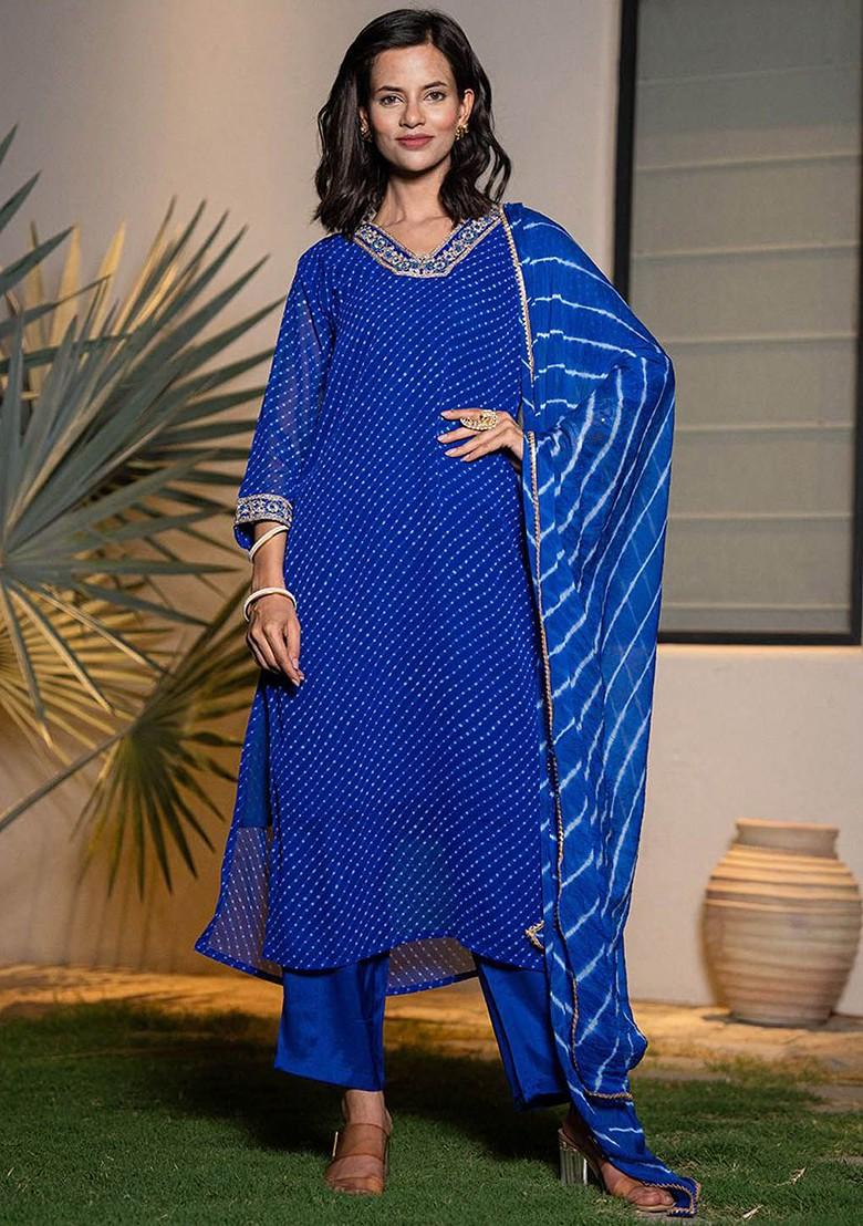 Blue Embroidered Poly Blend Kurta Set
