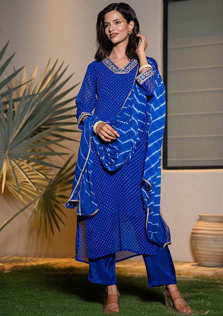 Blue Embroidered Poly Blend Kurta Set