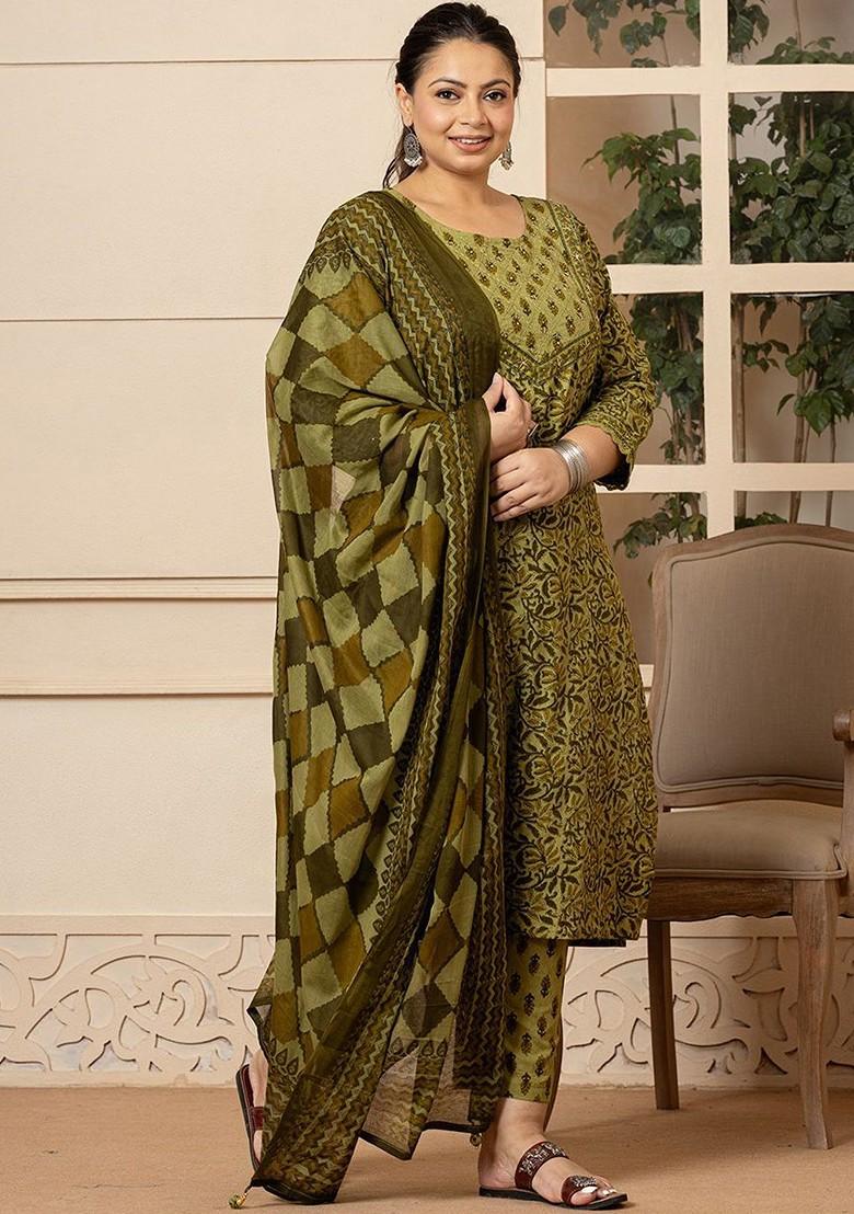 Green Printed Cotton Kurta Set