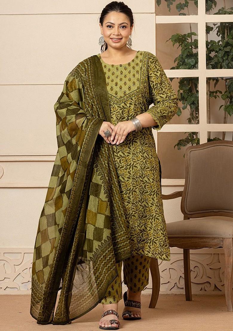 Green Printed Cotton Kurta Set