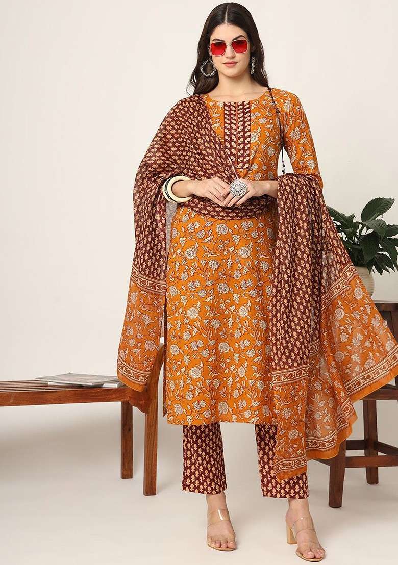 Yellow Printed Cotton Straight Kurta Set - Indya