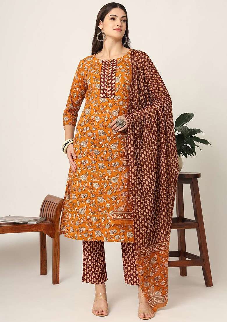 Yellow Printed Cotton Straight Kurta Set - Indya