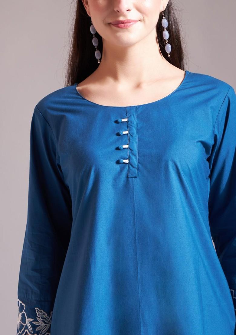 Blue Embroidered Cotton Kurta Set