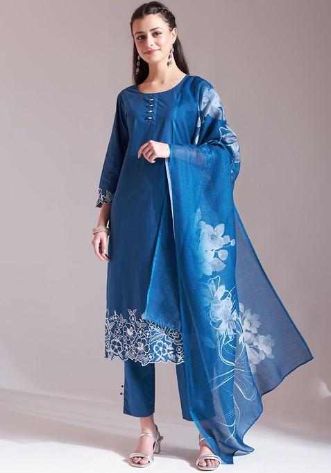 Blue Embroidered Cotton Kurta Set