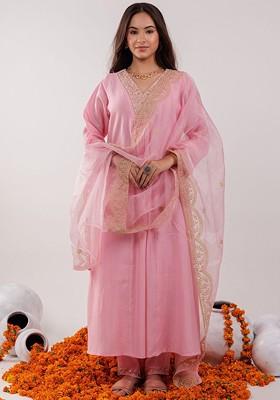 Pink Embroidered Poly Blend Kurta Set